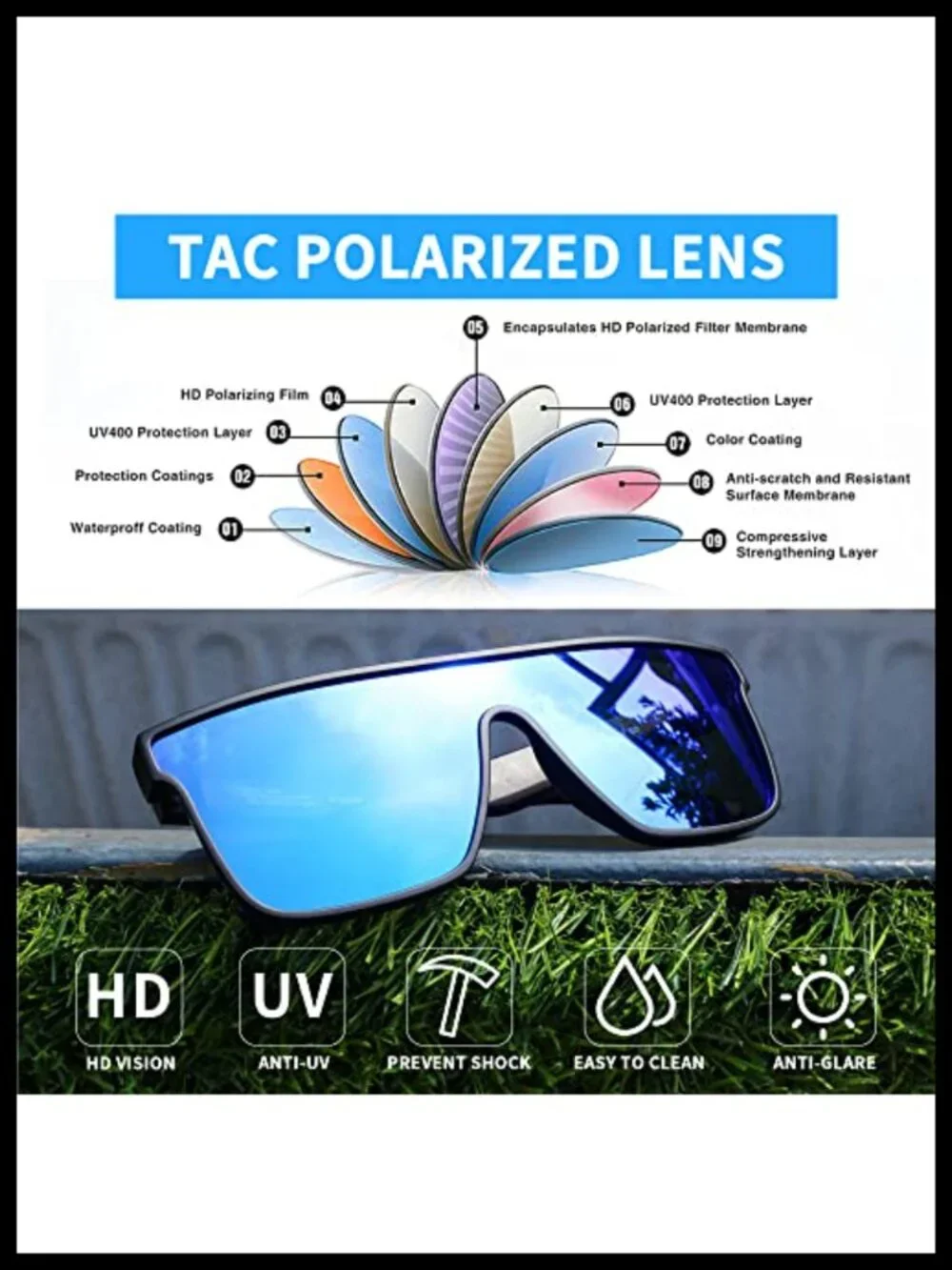 Oversized Square Polarized UV400 Sunglasses Unisex Lightweight